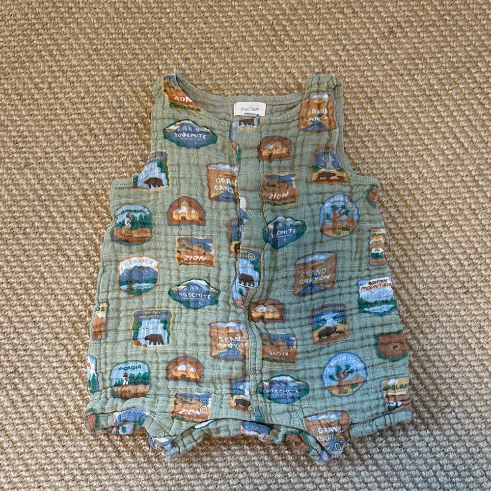 Angel Dear Olive Green Muslin Adventure Patch Tank Romper